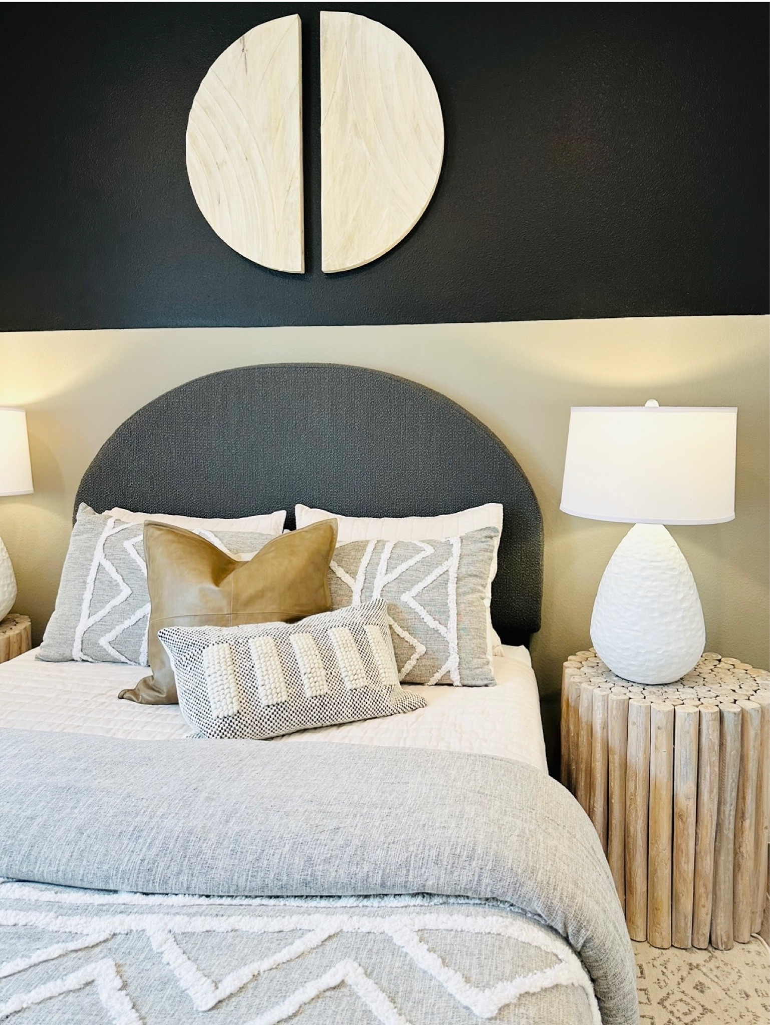 Layered Cozy Neutral Bedroom design with two toned painted wall (colors included).  Wood side table and lamp finish the look.

#LTKHolidaySale #LTKhome