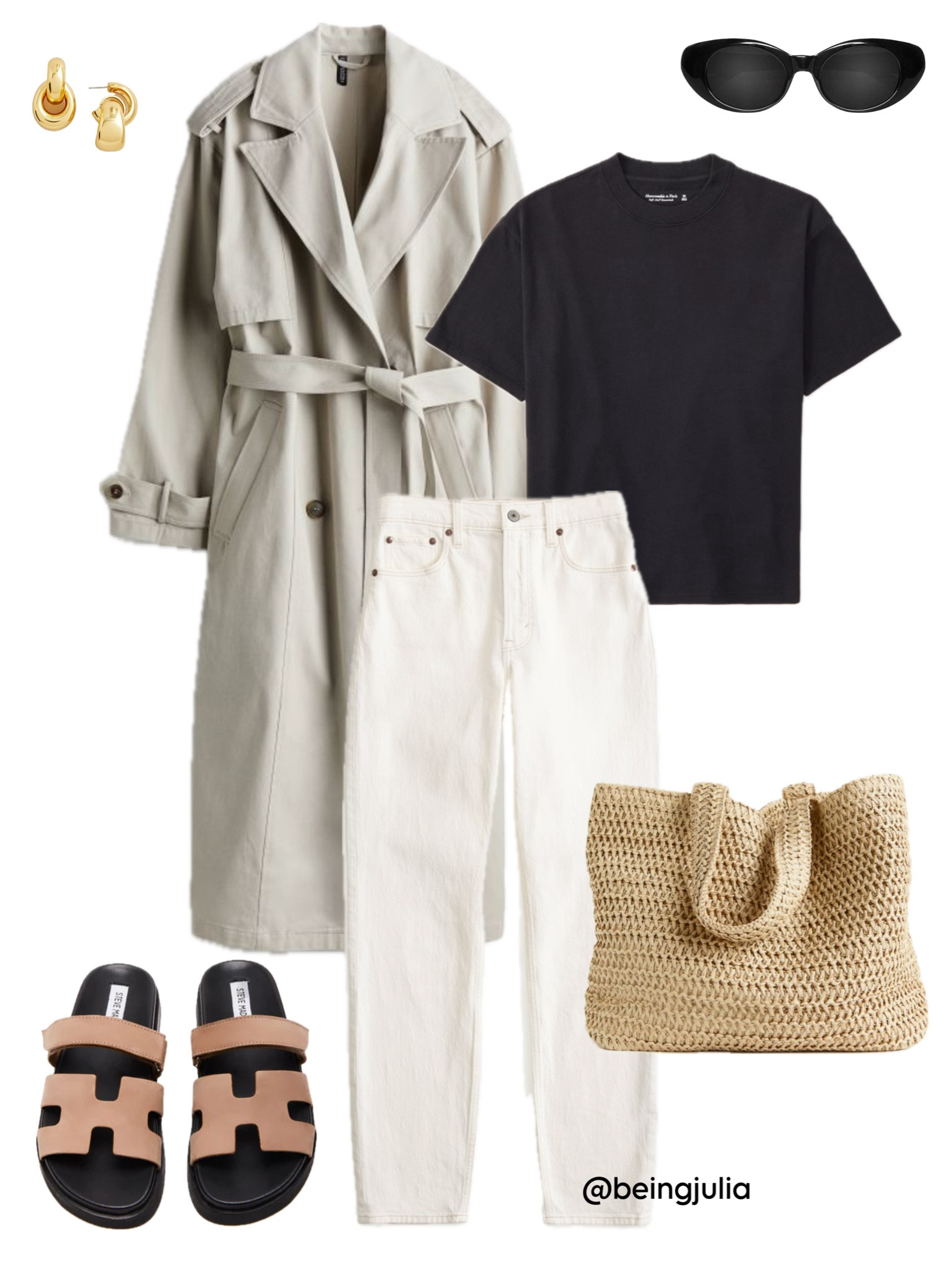 Spring outfit inspiration! Details below:
-Black T-shirt. 
-Beige long twill oversized trench coat. 
-White high rose mom jeans. 
-Slip on tan sandals. 
-Straw shoulder shopper bag. 
-Black sunglasses. 
-Gold interlocking hoop earrings. 


#LTKSeasonal #LTKstyletip #LTKfindsunder100