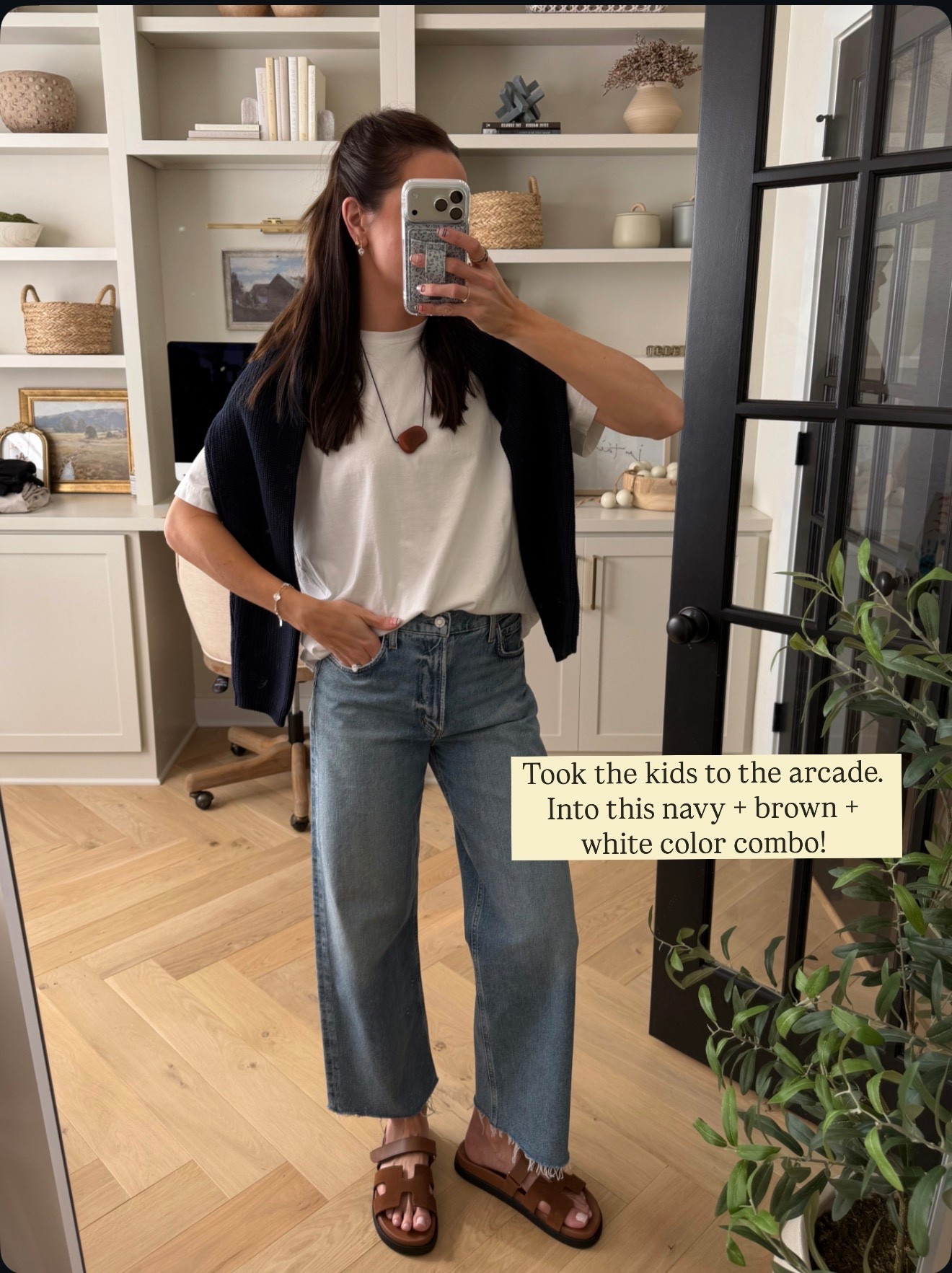 Tee: true to size (S) oversized
Navy knit sweater: sized up 1 (M) 
Jeans: tts, rigid/no stretch denim so size up if between 
Sandals: tts, size up if between 

#LTKootd #LTKSeasonal #LTKmomlife