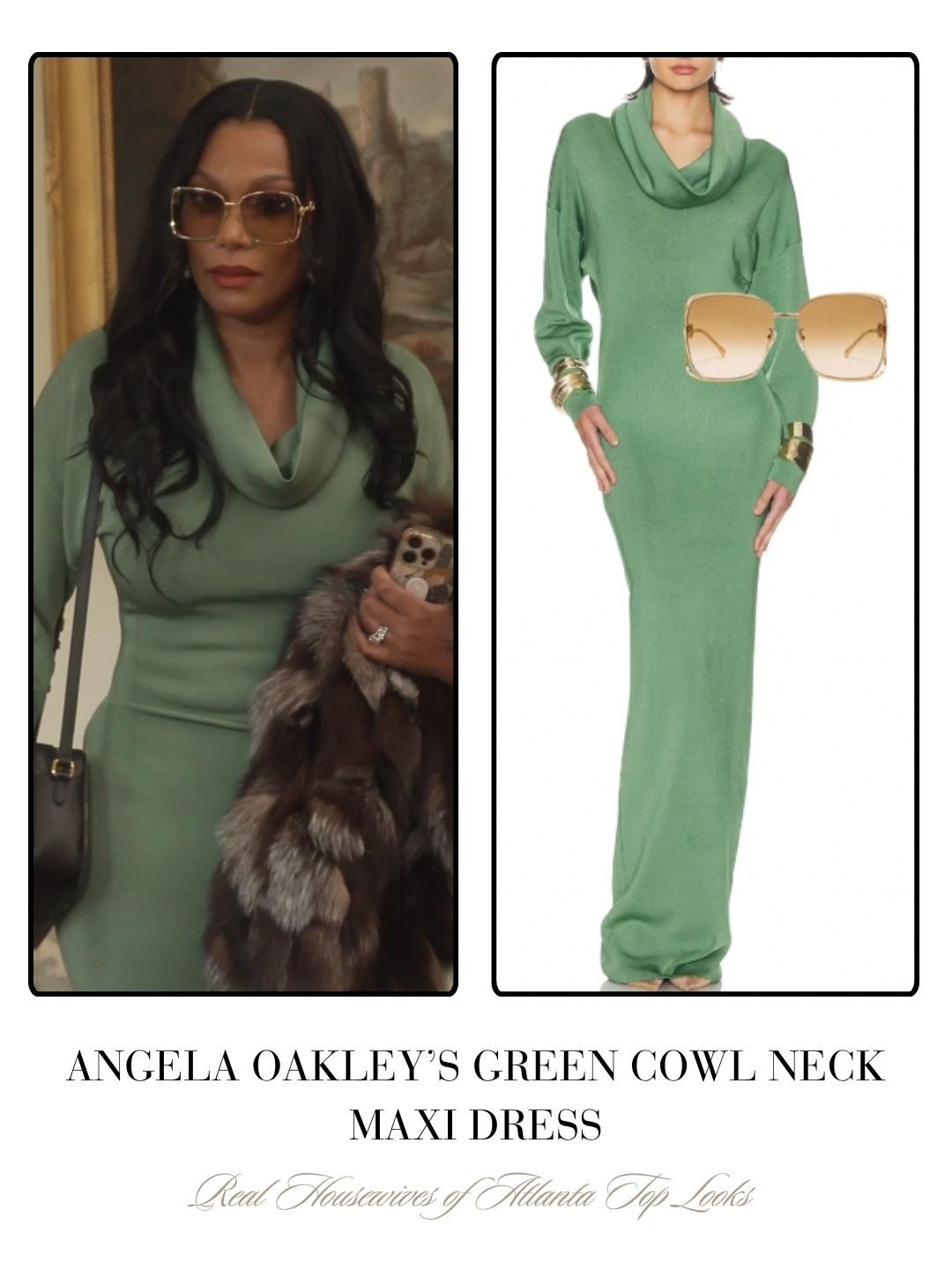 Angela Oakley’s Green Cowl Neck Maxi Dress