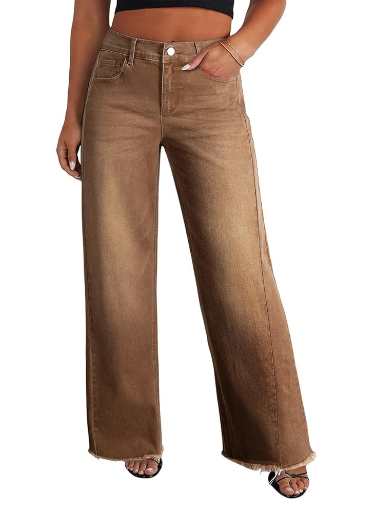 Eytino Women's Plus Size Wide Leg Jeans Elastic High Waist Stretchy Raw Hem Denim Pants with Pock... | Amazon (US)