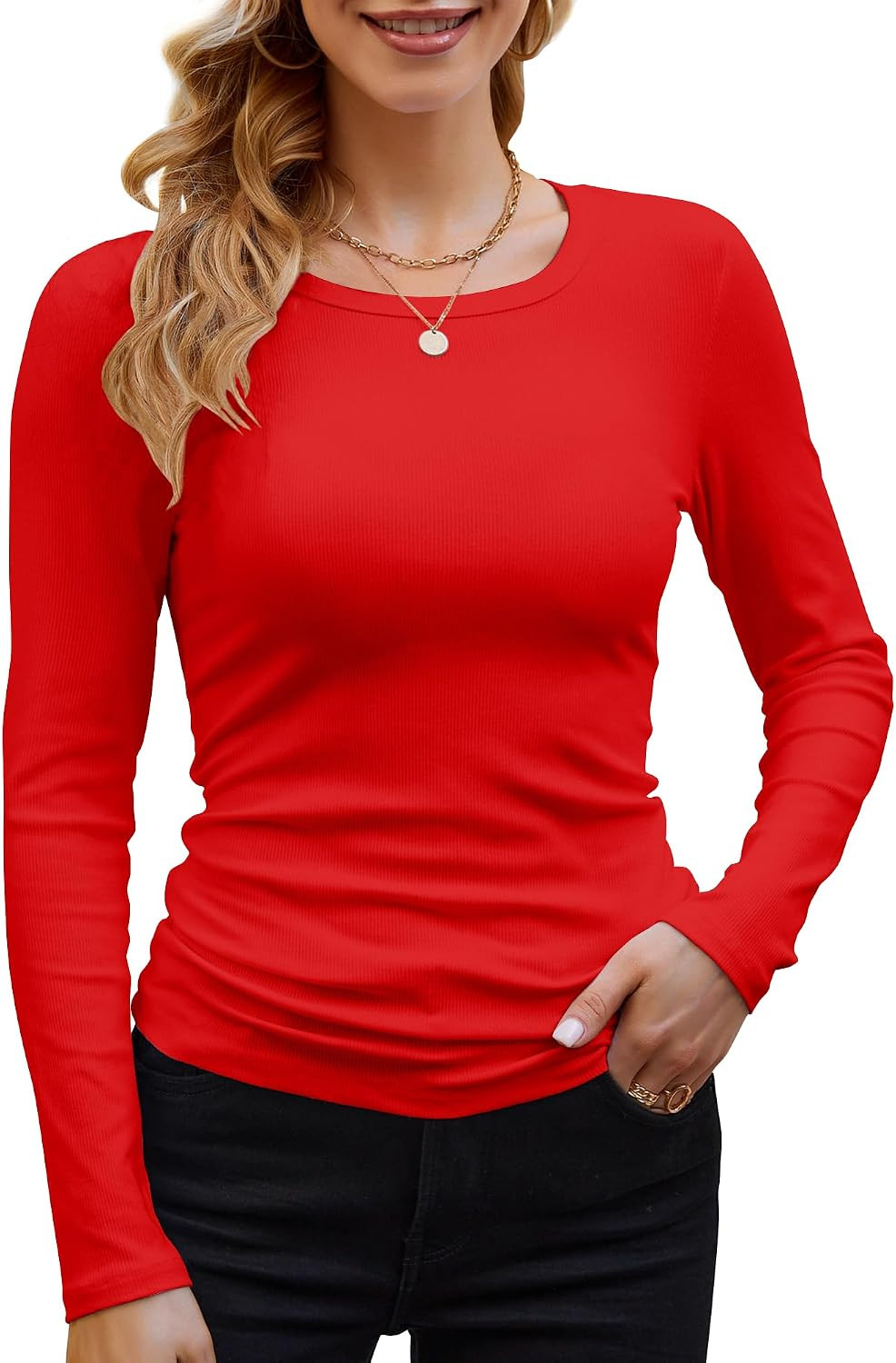 GEMBERA Womens Ribbed Long Sleeve Crewneck Casual Slim Basic Shirts Fitted Knit Tops | Amazon (US)