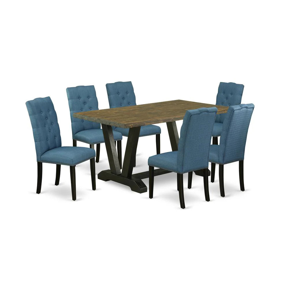 7-Piece Fashionable Dining Set an Excellent Distressed Jacobean Wood Dining Table Top and 6 Awesome Linen Fabric Dining Room Chairs | Shop Simon