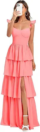 Tiered Bridesmaid Dresses for Women 2026 Chiffon Ruffles Formal Dresses with Slit IMR073 | Amazon (US)