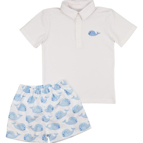 Blue And White Embroidered Whales Polo Short Set | Cecil and Lou