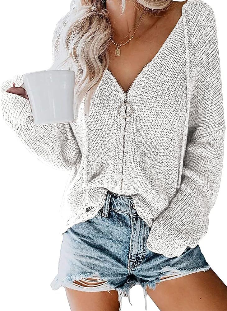 Zenlonr Women Full Zip Up Hooded Knit Cardigan Sweaters V Neck Long Sleeve Lightweight Drawstring Ri | Amazon (US)