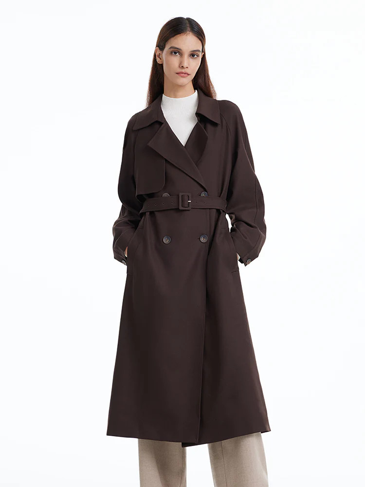 Brown Worsted Wool Trench Coat - Brown / L | GOELIA