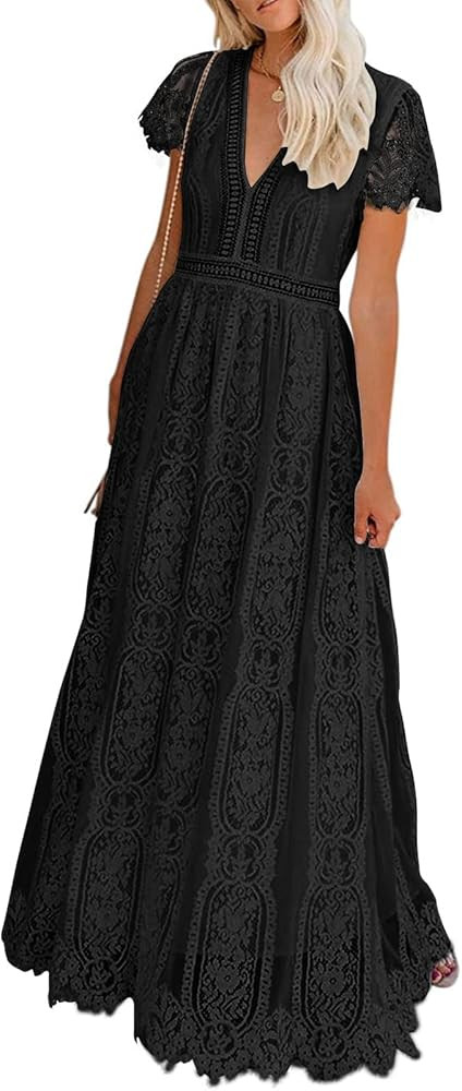 MEROKEETY Women's V Neck Short Sleeve Floral Lace Wedding Dress Bridesmaid Cocktail Party Maxi Dr... | Amazon (US)