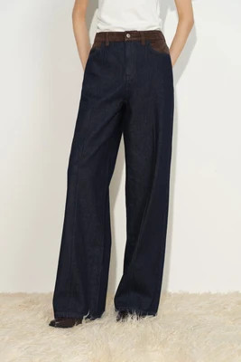 Bella Suede Panel Wide Leg Jeans in Cotton Denim | Fabrique