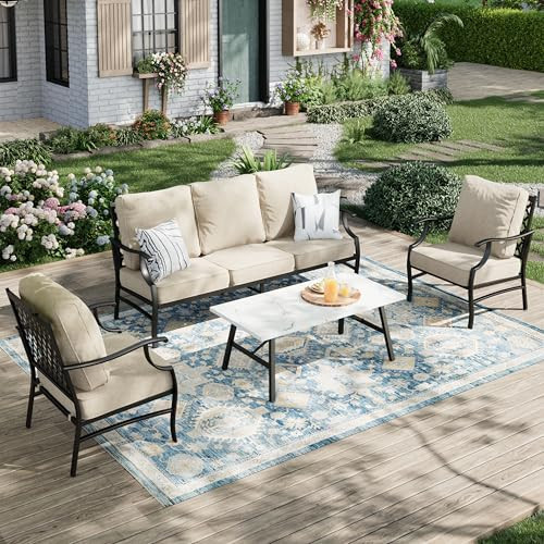 MIXPATIO Patio Furniture Set 4 pcs, Metal Outdoor Patio Furniture, 3-Seat Sofa, 2 Single Chairs, Metal Coffee Table and 5.75" Extra Thick Cushion, Patio Conversation Set,Beige | Amazon (US)