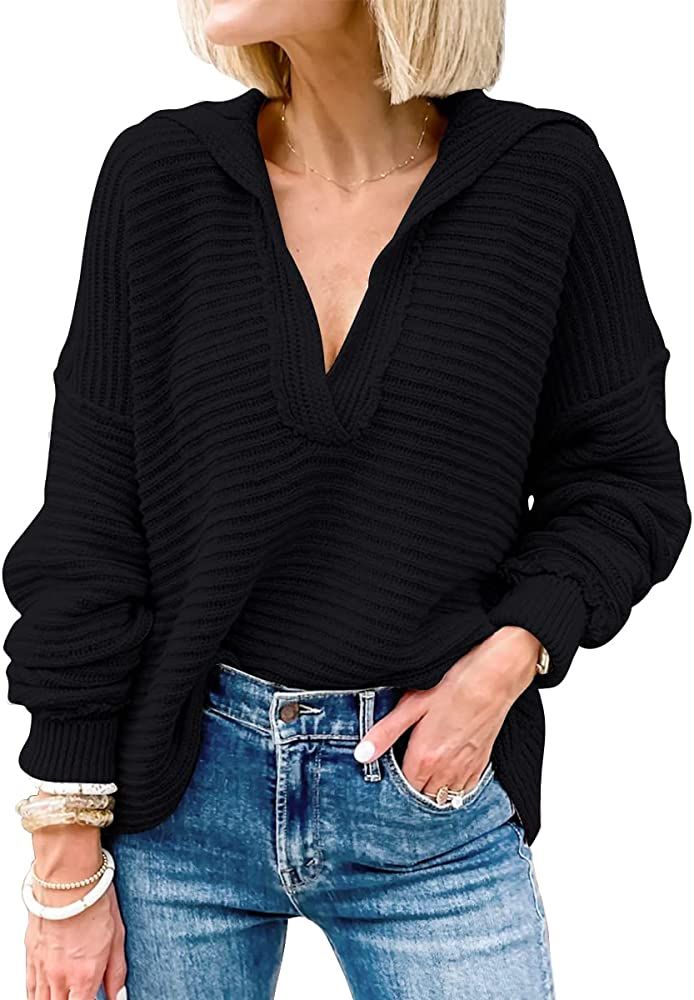 EFAN Womens V Neck Oversized Sweater Long Sleeve Batwing Casual Collar Asymmetrical Hem Pullover Kni | Amazon (US)