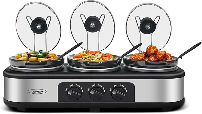 Triple Slow Cooker with Lid Rests, Breakfast Buffet Servers and Warmers with 3 X 1.5Qt, Tempered ... | Amazon (US)