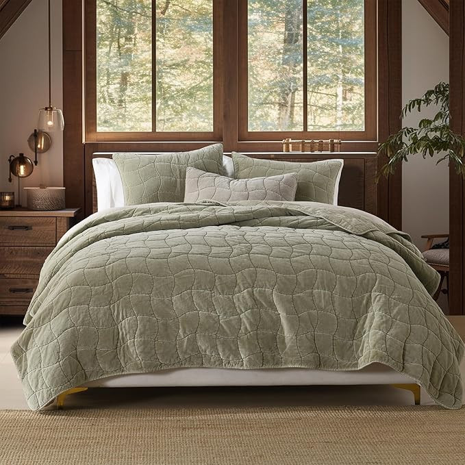 HORIMOTE HOME Cotton Quilt King, Green Stone-Washed Velvet Comforter 3-Pieces Oversized King Cott... | Amazon (US)