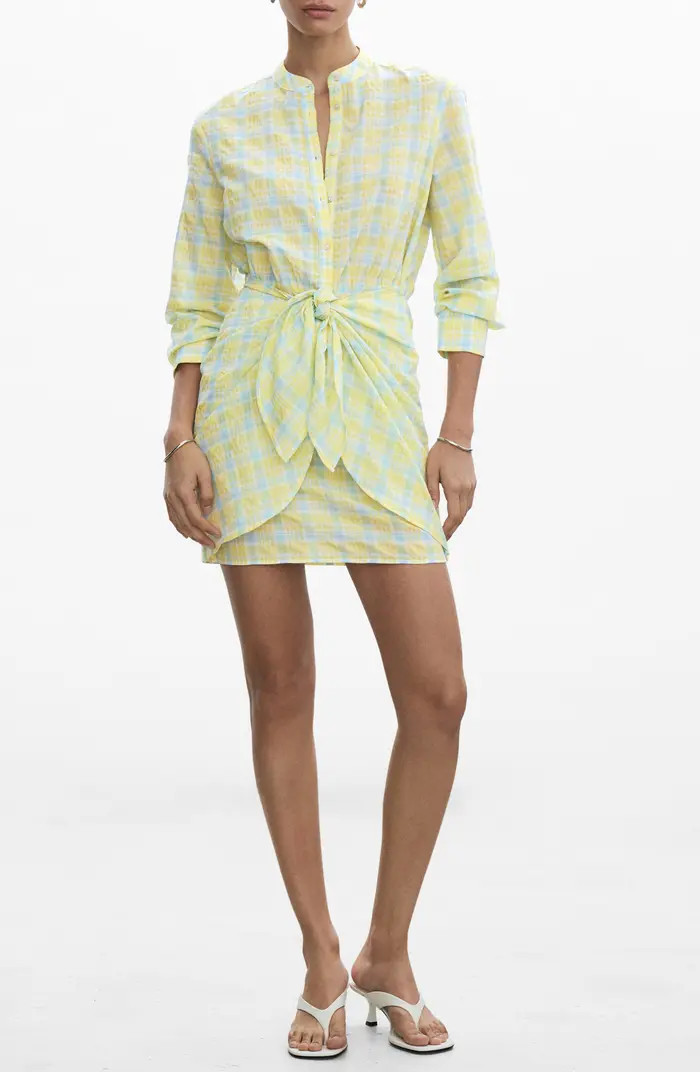 MANGO Check Tie Front Long Sleeve Shirtdress | Nordstrom | Nordstrom