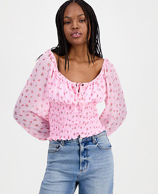 Juniors' Smocked Tie-Neck Top | Macy's