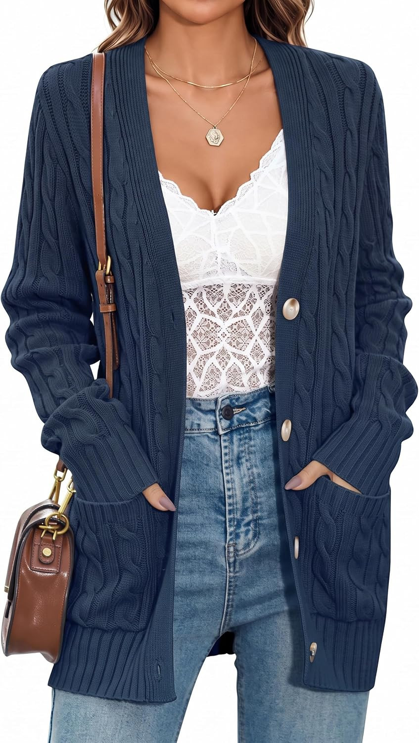 MEROKEETY Womens Fall Cable Knit Button Up Oversized Light Cardigan Sweater | Amazon (US)