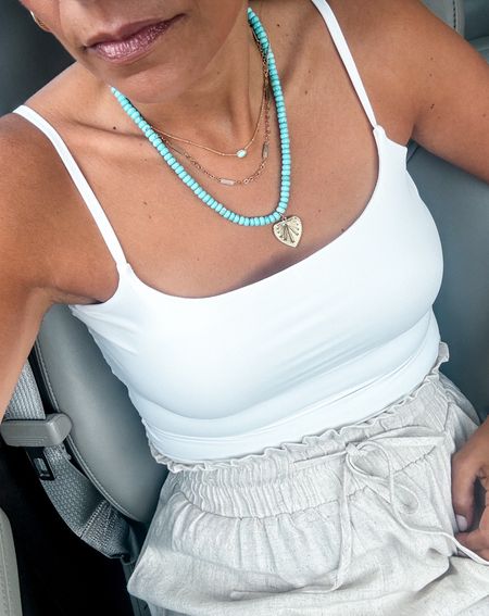 Turquoise necklace 
Summer jewelry 
Pumiey cami 
Amazon linen shorts 
@meghanbohojewelry

#LTKStyleTip #LTKFindsUnder100