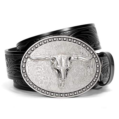 SANSTHS Western Belt Cowboy Belts for Men Women, Western Leather Belts Bull Buckle Belt Embossed ... | Amazon (US)