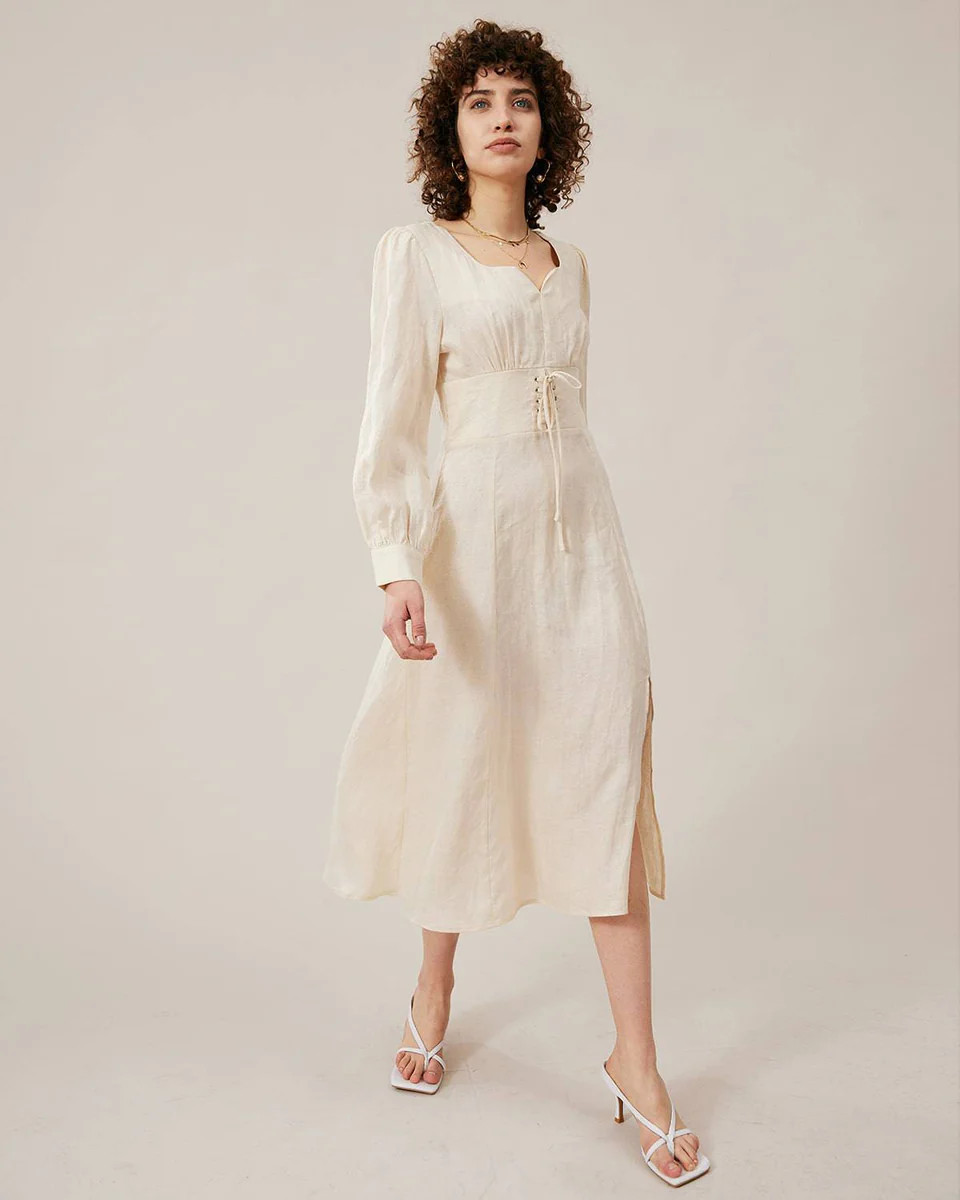 The Premium-fabric Solid Split linen Midi Dress & Reviews - Beige - Dresses | RIHOAS | rihoas.com