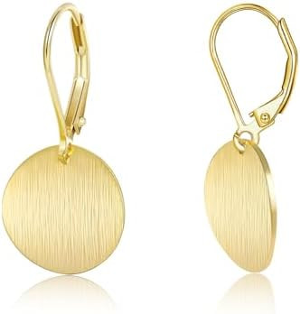 14K Gold Dangle Earrings for Women，Lightweight Circle Disc Coin Geometric Flat Brushed Drop Ear... | Amazon (US)