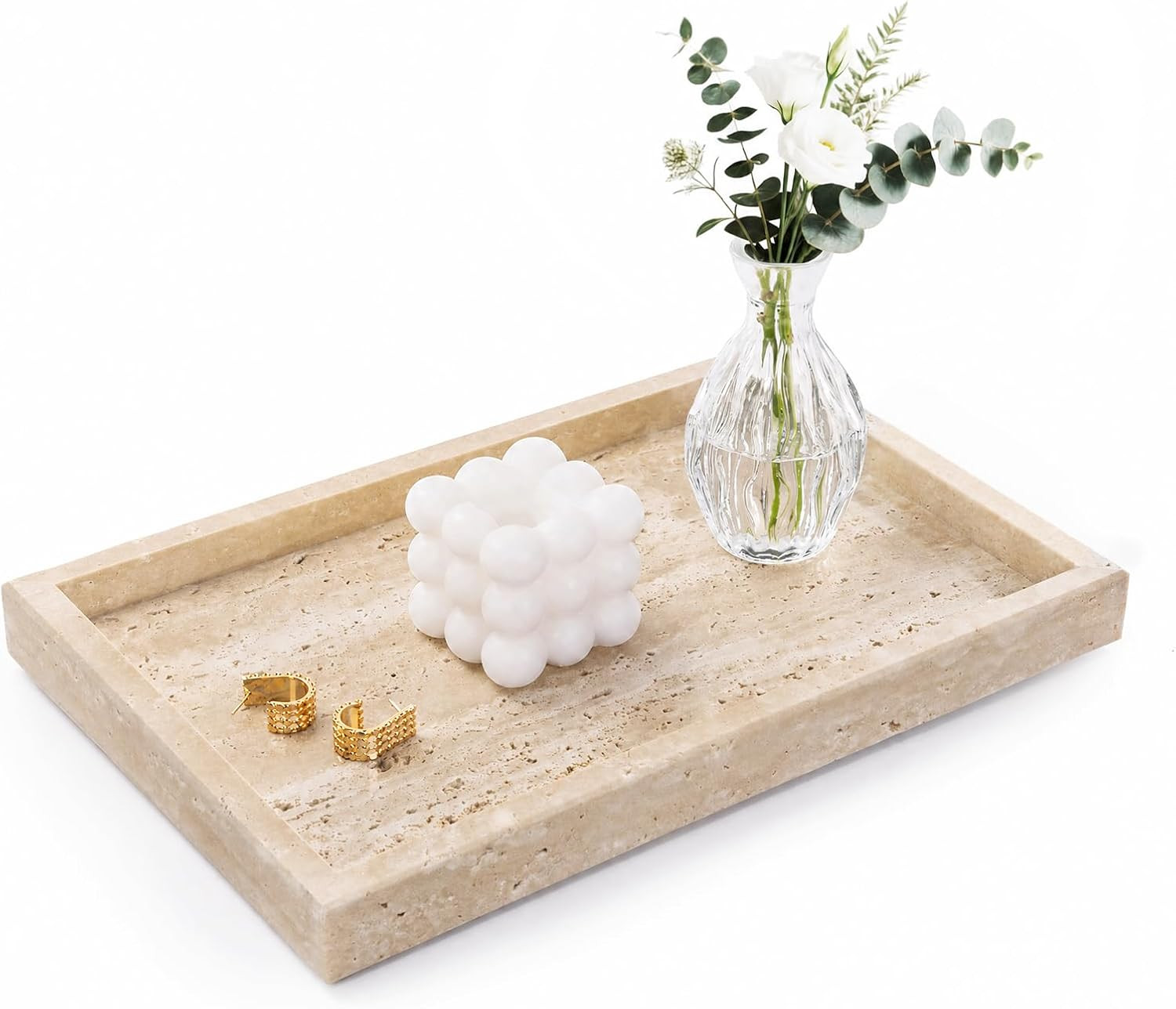 Marble Bathroom Tray for Countertop & Home Decor, Natural Decorative Marble Tray for Jewelry & Perfume Organizer, Stone Vanity Trays for Dresser, Kitchen Counter, 12" x 8", Beige Travertine | Amazon (US)
