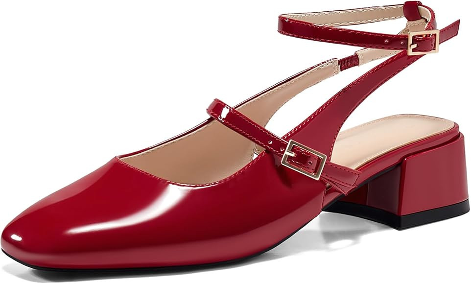 Coutgo Womens Mary Jane Chunky Low Heels Closed Square Toe Ankle Strap Pumps Wedding Party Dress ... | Amazon (US)