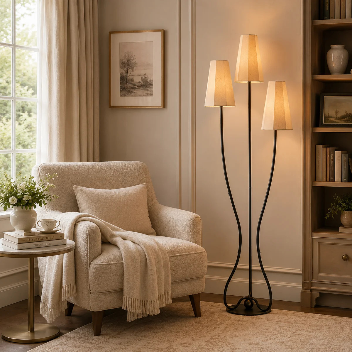 Vintage 3-Light Floor Lamp with Curved Poles, Dimmable Design and Linen Shades | Wayfair North America