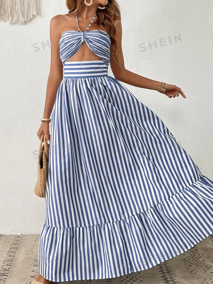 SHEIN VCAY Women Vacation Striped Print Cut Out Ruffle Hem One Piece Summer Beach Halter Dress | SHEIN