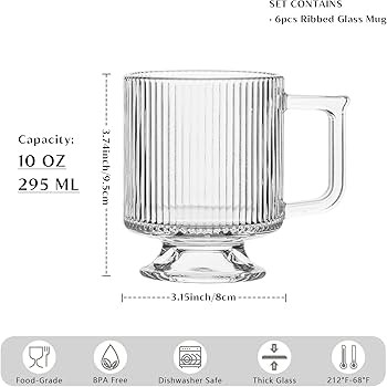 INSETLAN 6-Piece Ribbed Glass Coffee Mug Set, 10 oz Clear Glass Tea Cups with Handle, Modern Vert... | Amazon (US)