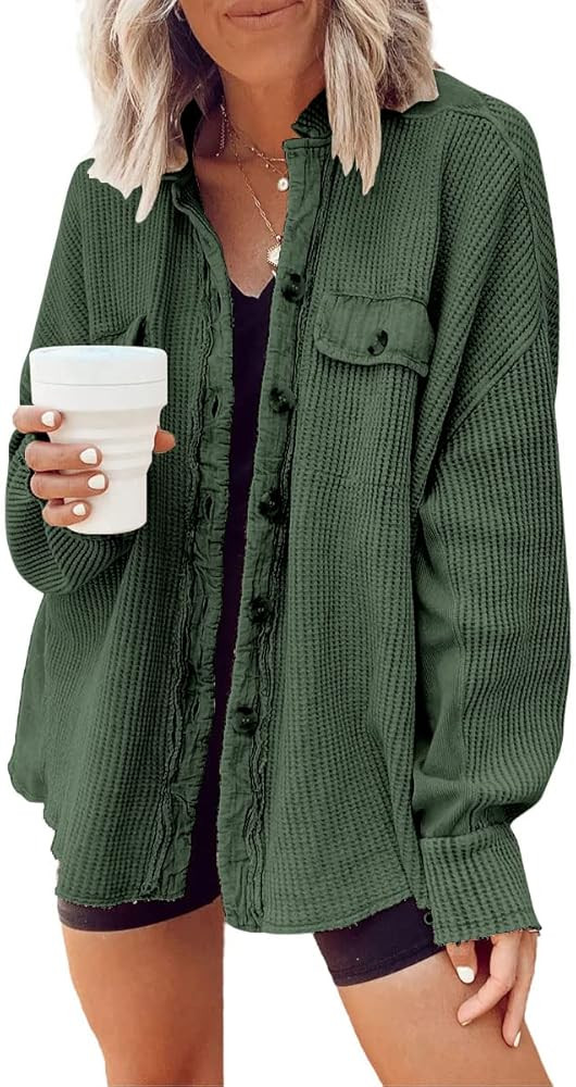 CHARTOU Women's Vintage Banded Collar Button Down Baggy Loose Fit Mid-Weight Frayed Waffle Knit S... | Amazon (US)