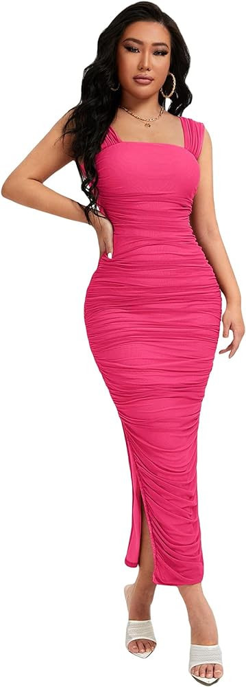 GORGLITTER Women's Ruched Mesh Bodycon Maxi Dress Split Sleeveless Long Pencil Dresses | Amazon (US)