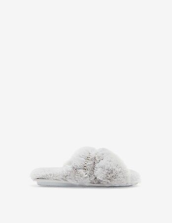criss-cross gem embellished faux fur slippers | Express