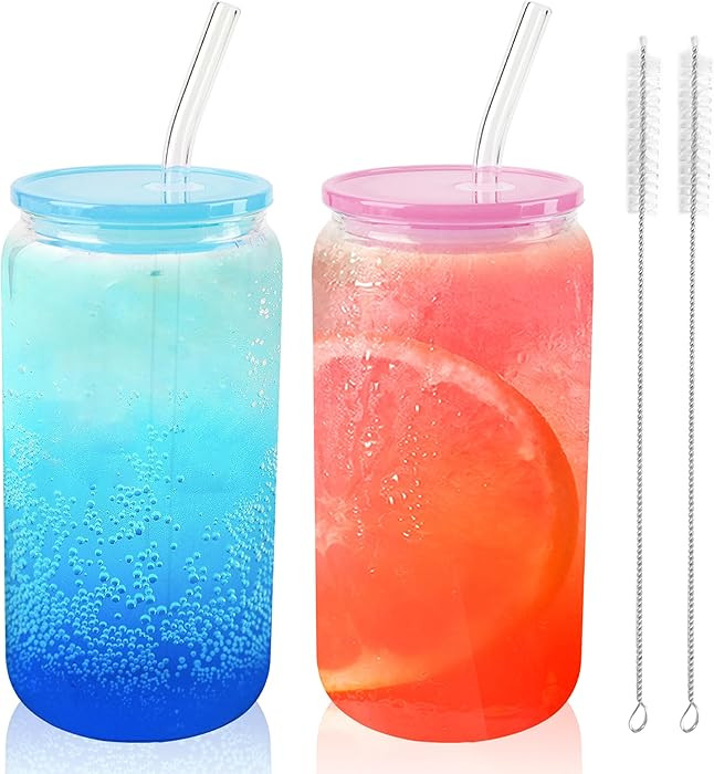 Joyclub 2pcs Glass Cups with Acrylic Lids and Straws 16 oz Can Shaped Glass Iced Coffee Cups with... | Amazon (US)