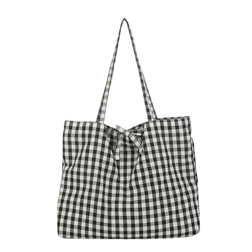 Gingham Tote Bag Canvas Casual Cute Plaid Tote Soft Cloth Handbag, Black | Amazon (US)