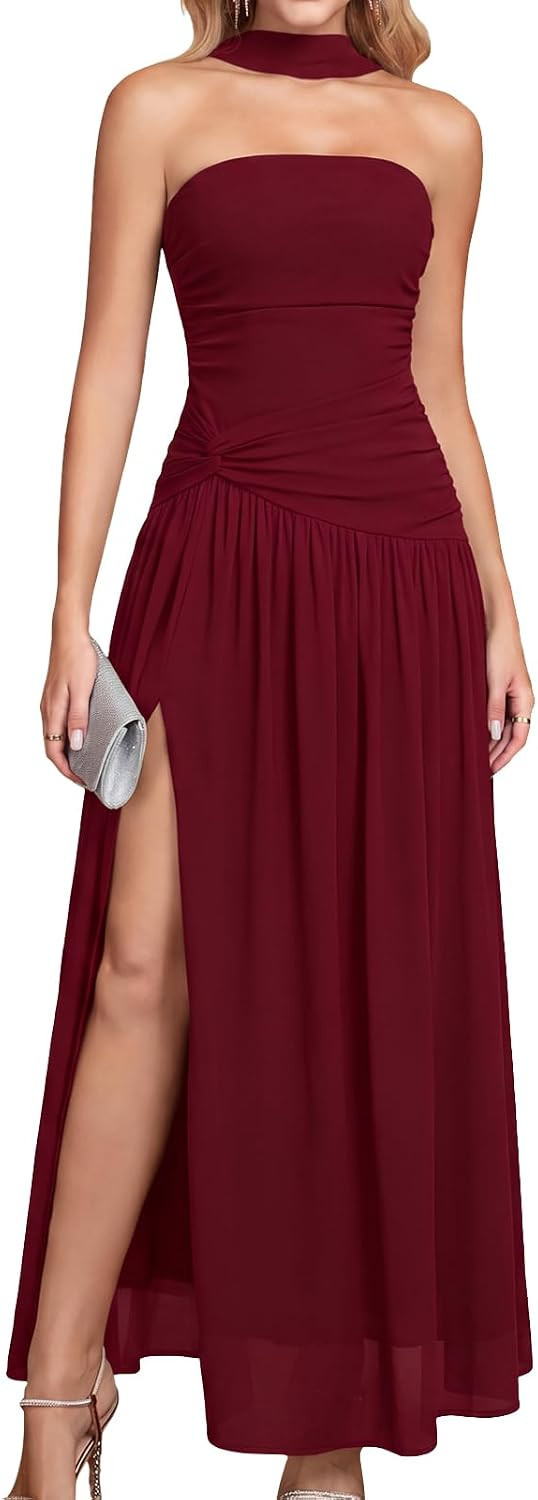 Halter Tube Top Strapless Formal Wedding Guest Cocktail Maxi Dress | Amazon (US)