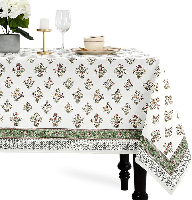CPC Block Print Tablecloth Fall Green 108"x70" Rectangular 100% Cotton Reusable Table Cover, Ever... | Amazon (US)