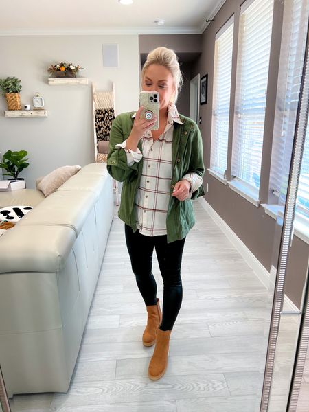 Leather leggings affordable fall outfit
Leggings - medium 
Flannel - small
Utility jacket - small