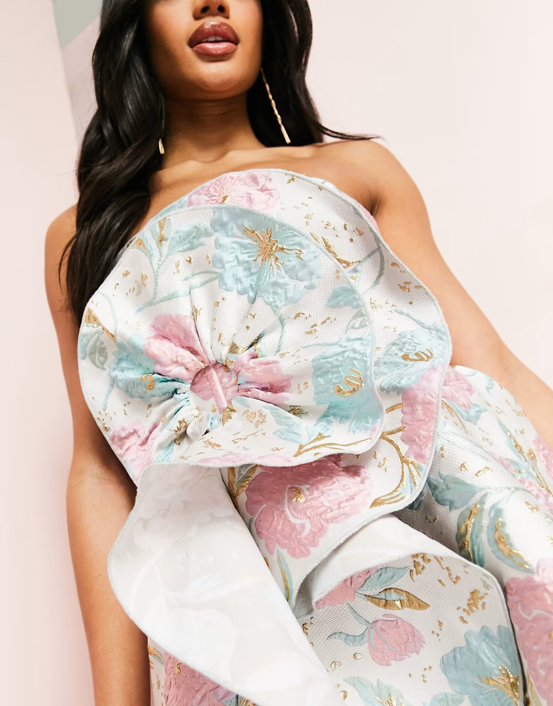 ASOS LUXE jacquard bandeau corsage flower skater mini dress in gold & pink bubble floral | ASOS (Global)