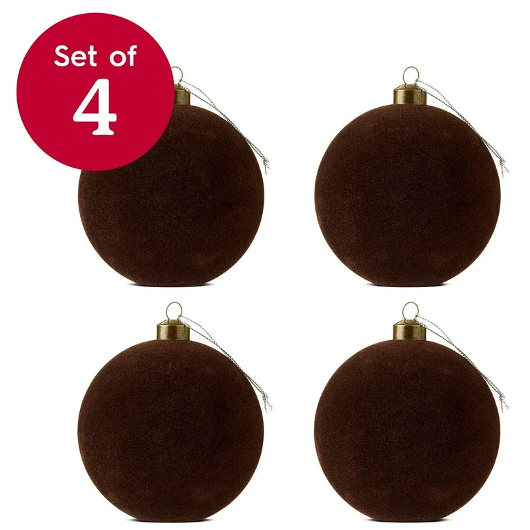 4 Count Dark Brown Velvet-Feel Ball Christmas Ornaments, 4.5", by Holiday Time | Walmart (US)