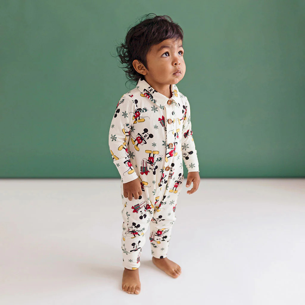 Disney White Toddler Collared Romper | Disney Mickey Mouse Holiday | Posh Peanut
