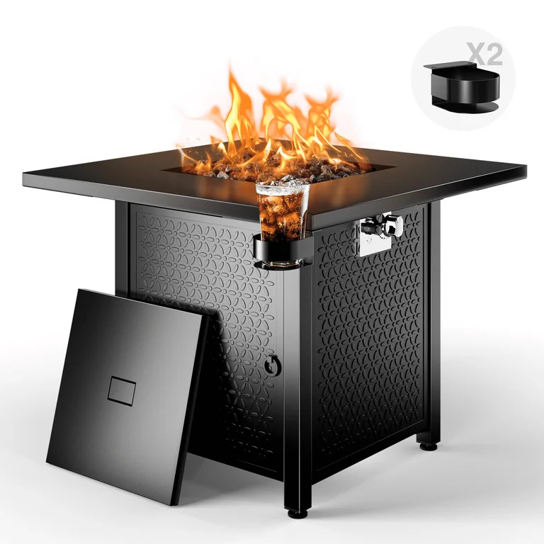 Philergo 28 Inch Propane Fire Pits with Cup Holders, 50000 BTU Steel Gas Fire Pit Table with Lid ... | Walmart (US)