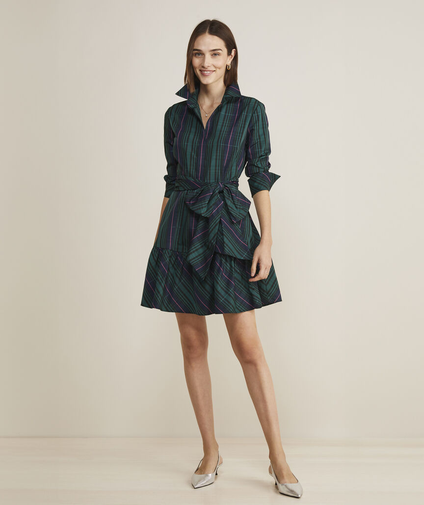 Taffeta Tie-Waist Blackwatch Shirtdress | vineyard vines