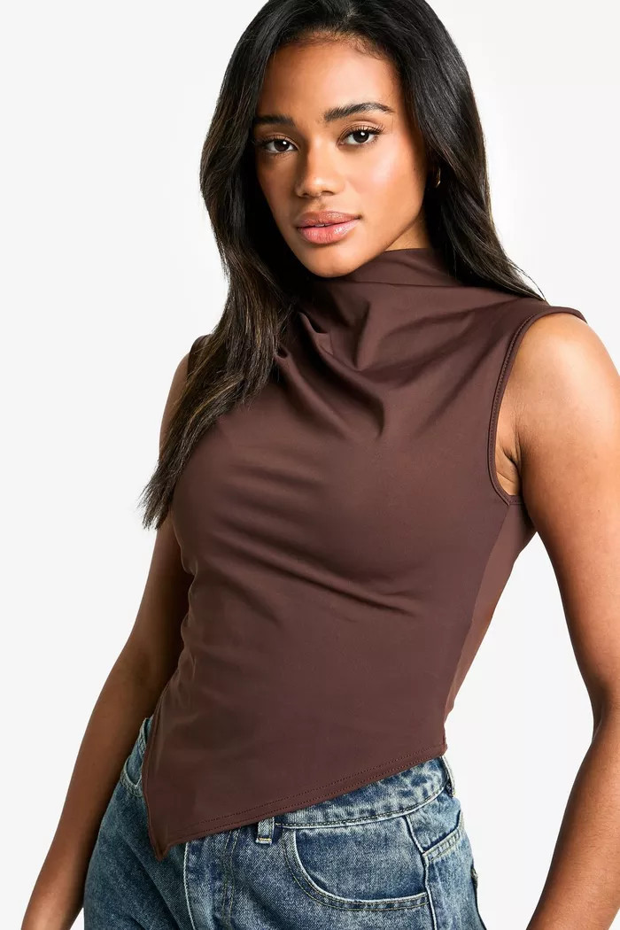 Sculpting Matte Slinky High Neck Asym Hem Top | Boohoo.com (UK & IE)