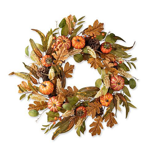 Glitzhome 24" Fall Pumpkin Leaf Floral Wreath | HSN