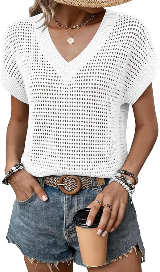 Women Summer Sweaters Vest Cap Sleeve Crochet Tops Hollow Out Cover Up Tank Top Pullover Beach Va... | Amazon (US)