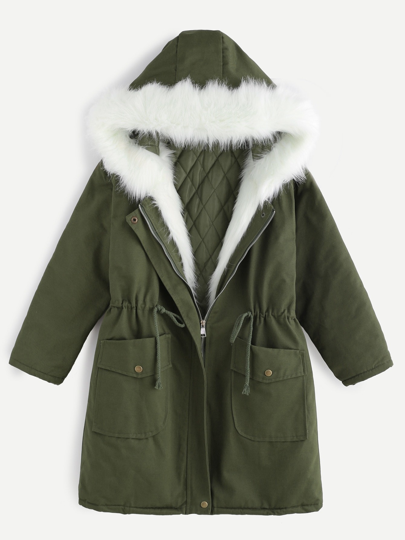 Army Green Drawstring Hooded Parka With Faux Fur | SHEIN