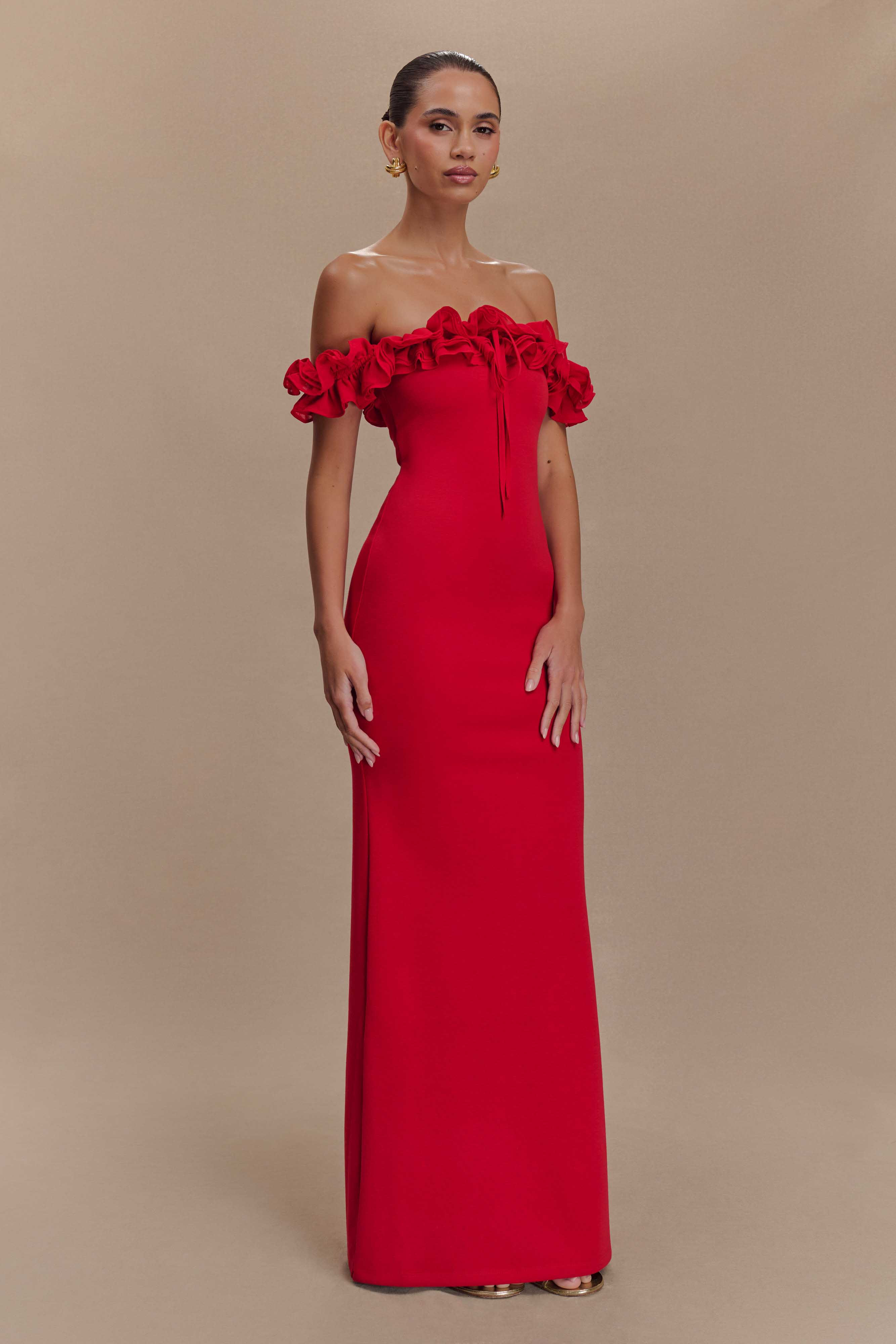 Ruffle Off Shoulder Maxi Dress - Ruby | MESHKI US