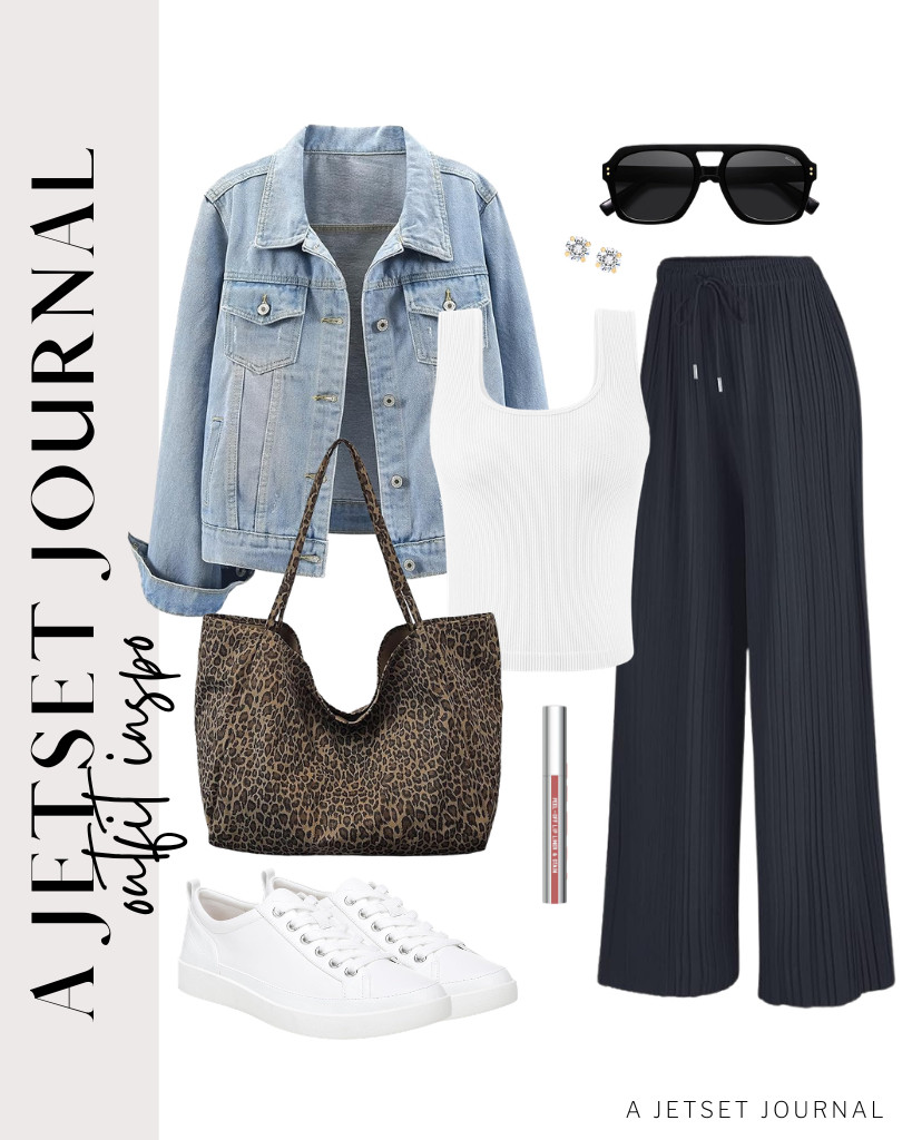 The last outfit combination is an Artfish ribbed fitted tank paired with these pleated palazzo pants. Wear this denim jacket, too! For this look, you can wear these Vionic lace-up shoes and grab this MakeMeChic leopard tote bag.

#LTKSeasonal #LTKSaleAlert #LTKTravel
 

 