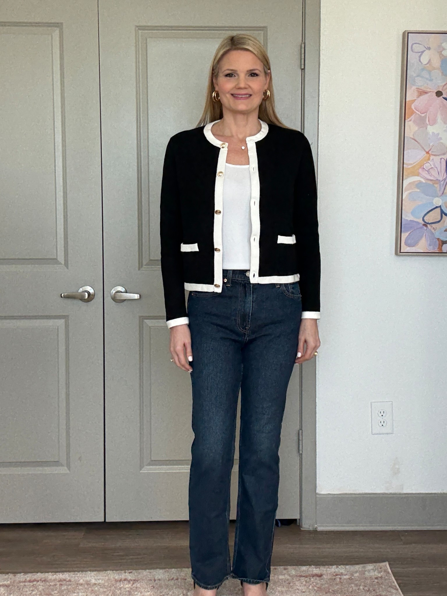 Quince color block cardigan jacket with gold buttons. Fits true to size to a tad small  

#LTKOver40 #LTKTall #LTKWorkwear