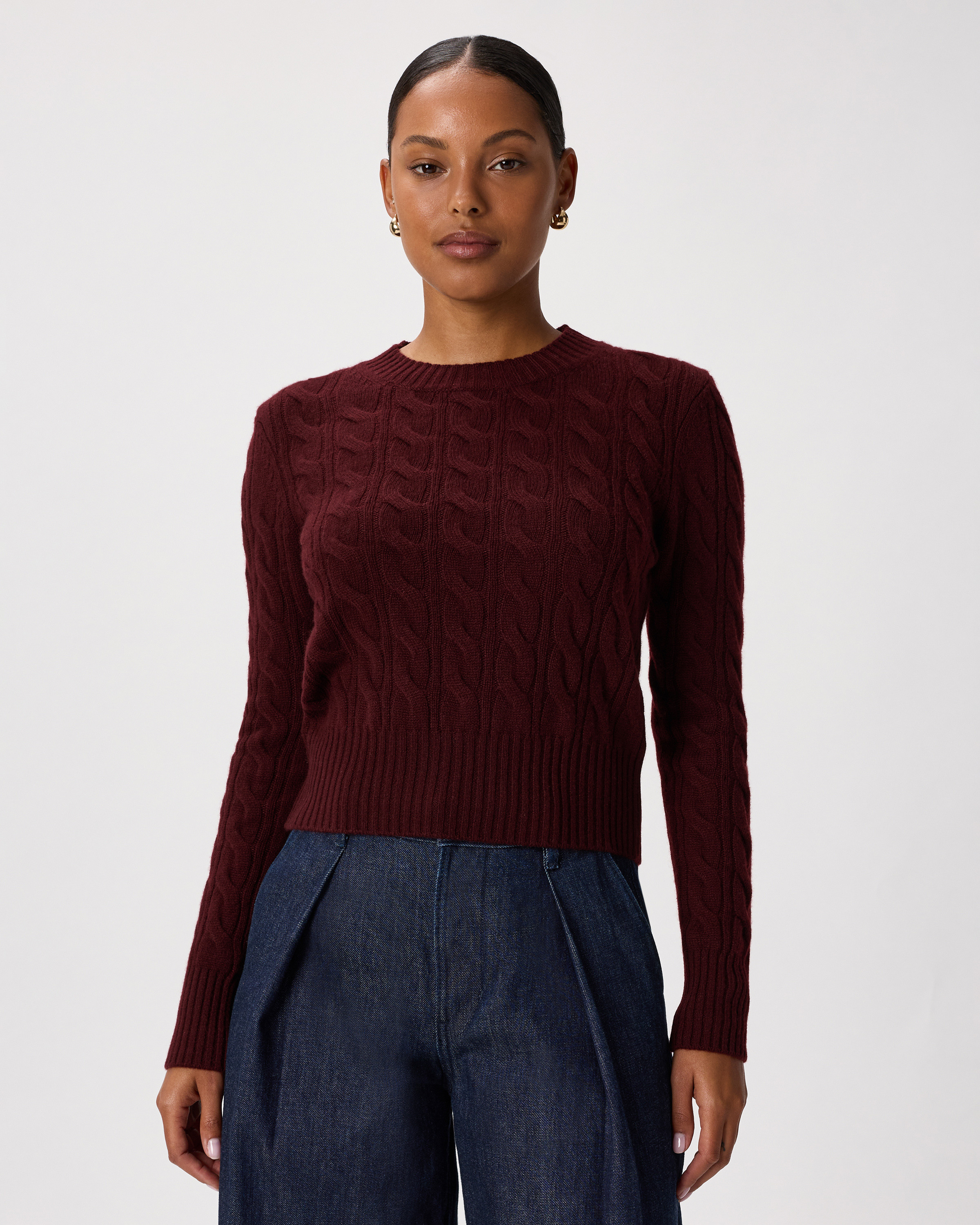 Quince | Women's Mongolian Cashmere Shrunken Cable Crewneck Sweater in Rich Burgundy, Size XL | Quince